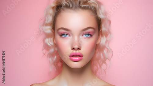 beautiful young lady with clear, clear, soft, & glowing skin on pink background with copy space