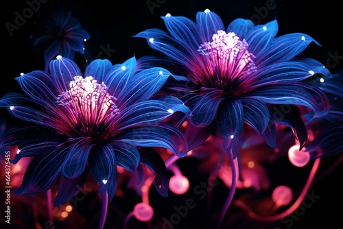 Dark neon digital flowers. Generative AI