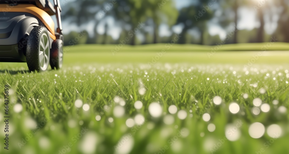Fototapeta premium Green grass with a blurry background. Green lawn under the rays of the sun. Lawn grass with copy space.