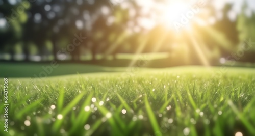 Green grass with a blurry background. Green lawn under the rays of the sun. Lawn grass with copy space.