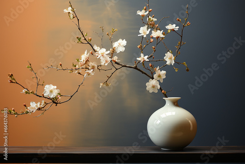 Sakura branch in a white ceramic vase. Ikebana.