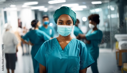 A confident African American doctor leads her diverse medical team in a hospital photo