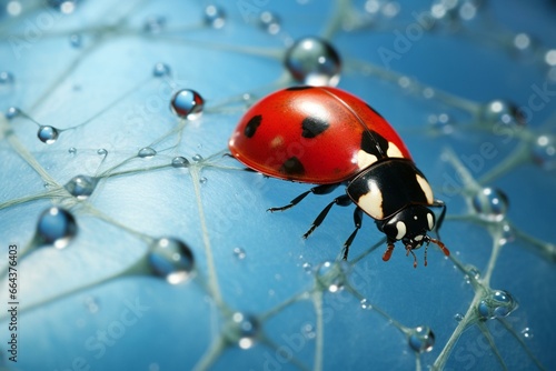 Water-dotted net provides a perch for a ladybug. Generative AI