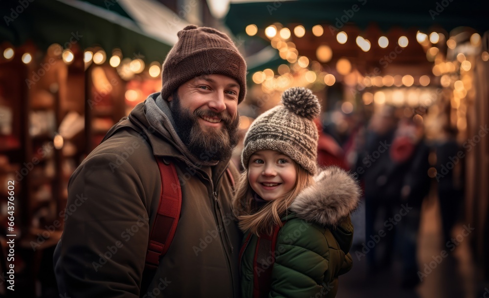 A joyful father and his daughter exchange Christmas gifts in the festive, snow-covered city streets