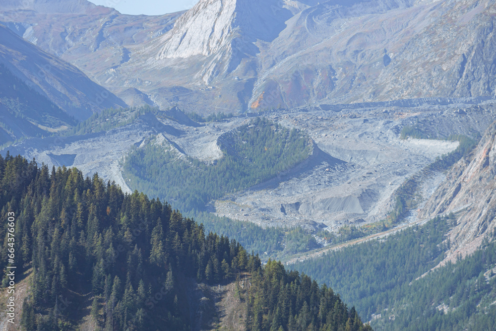 One of the many glaciers of the Mont Blanc Alps in Val Ferret, near the town of Courmayeur, Aosta Valley, Italy - October 2, 2023.
