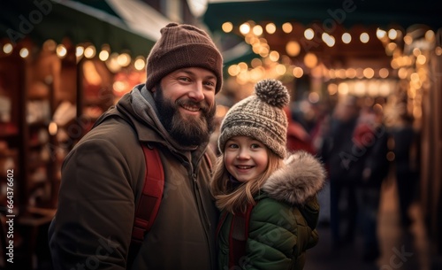 A joyful father and his daughter exchange Christmas gifts in the festive, snow-covered city streets