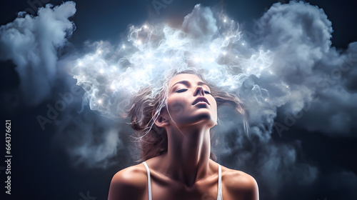 Mental health concept. A girl with a storm cloud over her head. 