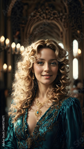 photo of a woman in her 30s, with blue eyes, curly blond hair, in aristocratic clothes in a big city from the 18th century