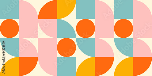 Retro geometric aesthetics. Bauhaus and avant-garde inspired vector background with abstract simple shapes like circle, square, semi circle. Colorful pattern in nostalgic pastel colors.