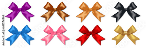 Realistic bow set. Red, golden, blue, pink, purple silk ribbons with bows festive decor satin rose, luxury elements for holiday packaging and design.