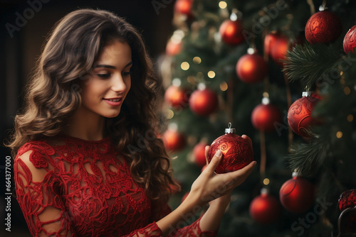 young woman in festive dress holding christmas ball,decorating Christmas tree