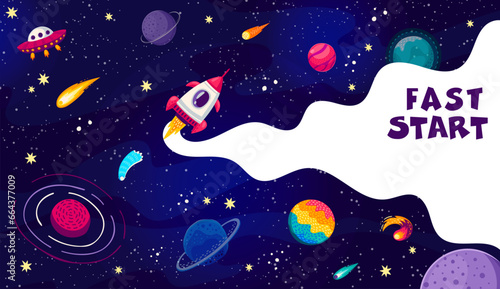 Fast start business concept with space rocket launch and starry galaxy landscape, vector startup and innovation technology. Cartoon spaceship shuttle launch with smoke clouds and takeoff fire