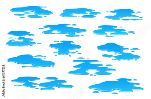 Cartoon rain water puddles. Liquid splash, leakage. Isolated vector set of wet spill blots and splodges. Fluid aqua splatters after the rainy day. Paint, gel, glue or leak elements
