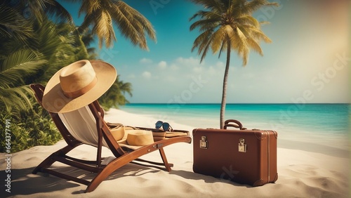 Tropical beach with palm trees  suitcase and beach chair  summer vacation  vacation - Generative AI