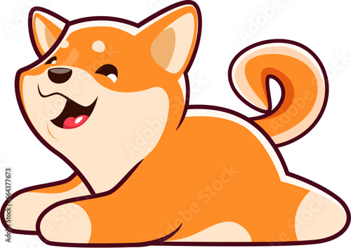 Cartoon happy Shiba Inu dog character or cute kawaii pet, vector personage animal. Cute puppy dog Shiba Inu icon, emoji emoticon or kid mascot, funny baby dog or cheerful puppy pet liying and woofing