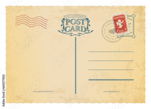 Valentine day antique postcard, retro postage stamp and vintage mail. Vector grungy sepia background template of festive postal card for Valentines holiday celebration, beige back side with marks