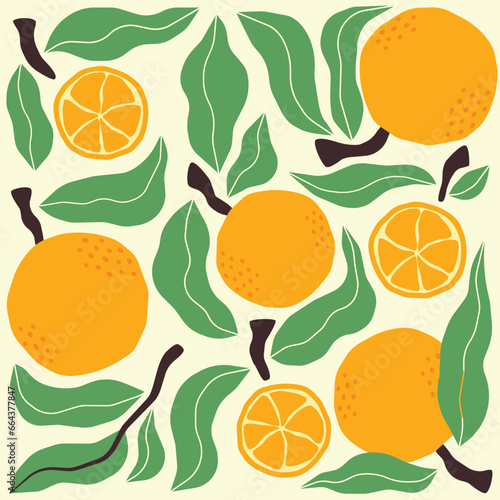 Colorful poster with oranges and leaves. Vector composition for greeting card or invitation. Print for clothes with fruits	