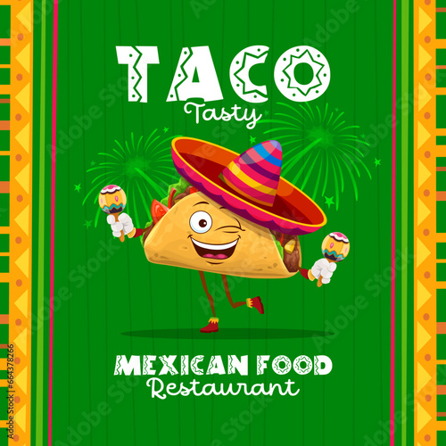 Cartoon cheerful mexican tacos mariachi character with maracas. Vector restaurant ads banner with tex mex food personage dance and bringing joy and cultural flair to traditional event celebration