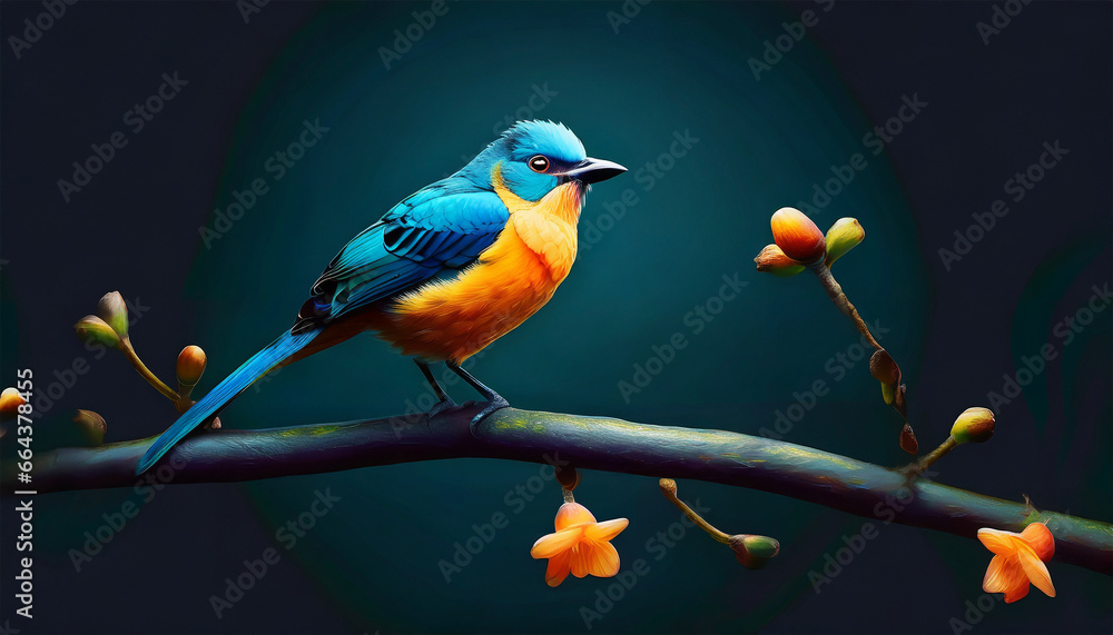 Tanager bird perched on a branch with a dark backdrop, featuring shades of blue and yellow