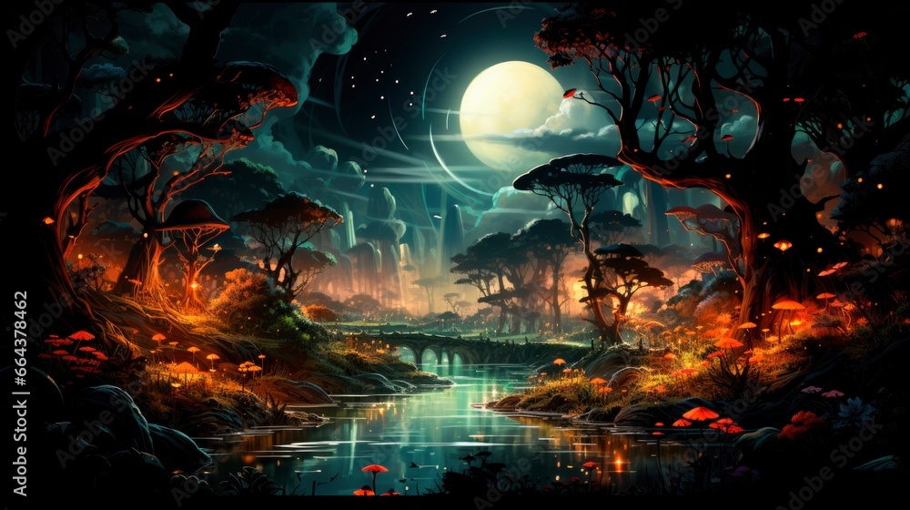 forest reveals a fantasy world as night descends, magic and green foliage play under the delicate gaze of firefly lights - obrazy, fototapety, plakaty 