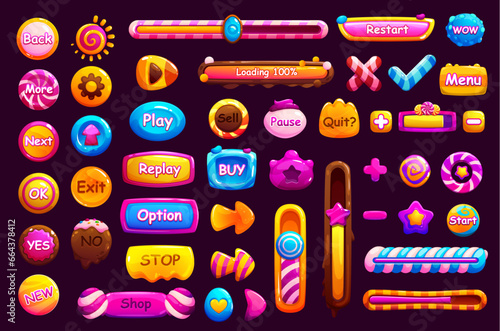 Game candy interface buttons and window, frame and loading bar, slider, menu options panel ui and gui elements. Isolated vector 2d user menu design elements set. Glossy lollipops, toffee and bonbons