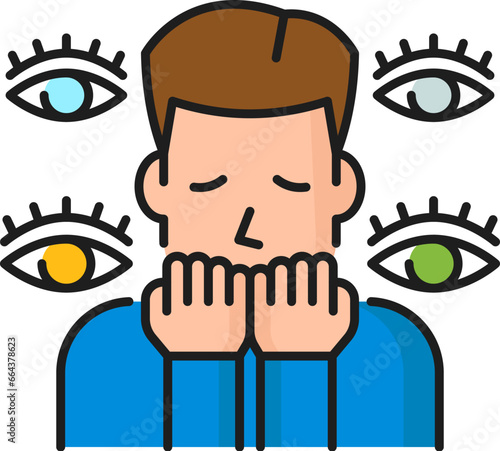 Paranoia psychological disorder problem, mental health icon. Vector linear sign represents constant fear and suspicion. Scared anxious person and wide eyes around, symbolizing state of extreme anxiety