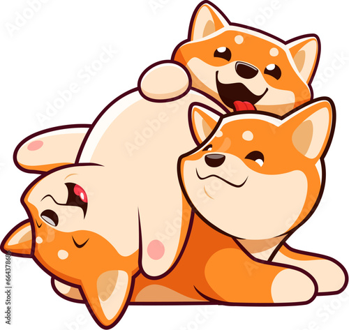 Cartoon kawaii Shiba Inu dog playful puppies characters. Comical Shiba Inu dogs personages, adorable Japanese puppies playing and fooling around together vector characters. Funny animal pet mascots
