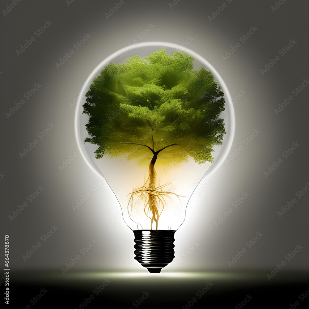 Representation of green energy with tree growing within a LED light bulb to combat global warming. Generative AI Representation of green energy with tree growing within a LED light bulb to combat global warming. Generative AI