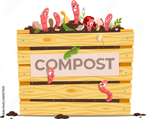 Compost wooden box with funny cartoon earth worms, waste and soil ground. Vermicomposting, humus composting eco-friendly process. Isolated vector earthworms stick out of organic waste pile in crate