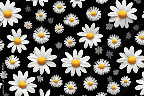 seamless pattern with daisies/camomile/generativa AI/simple flower/black background