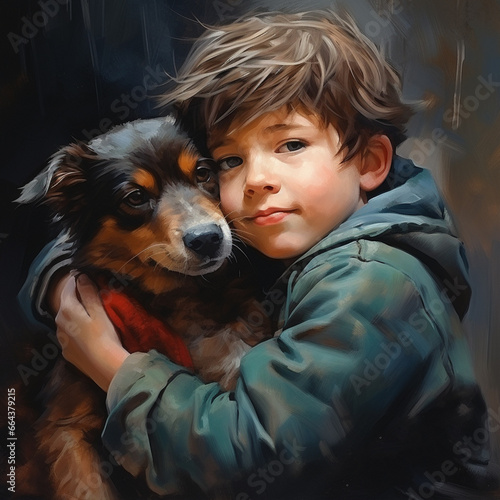 Obraz na płótnie boy hugs his beloved dog. Walking with a pet. Portrait of a boy and a dog w salonie