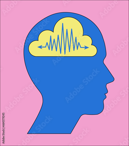 Human head silhouette with epilepsy inside brain or mind. Minimalist trendy flat styled illustration  of psychology mental health concept. Vector sign, symbol, icon. 