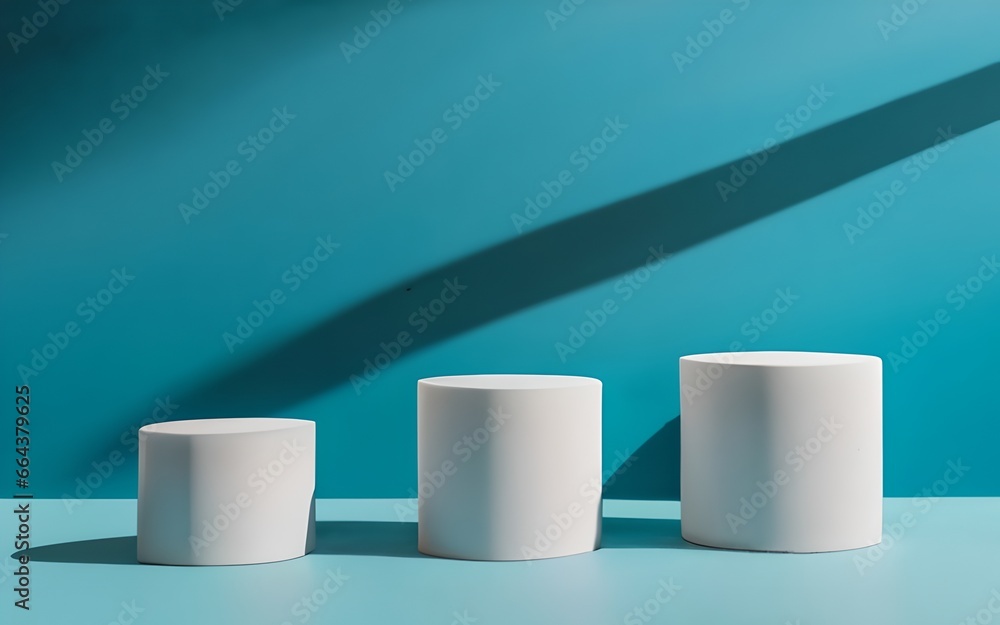 Elegant abstract set of white podiums in sunlight with shadow on pink background for product display Elegant abstract set of white podiums in sunlight with shadow on pink background for product display