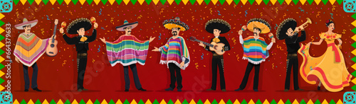 Cartoon Mexican characters on holiday carnival, mariachi musicians, cowboys and woman dancer, vector personages. Mexican characters in traditional clothes, sombrero and poncho with guitars and maracas