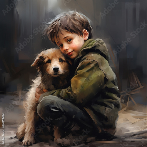 Obraz na płótnie boy hugs his beloved dog. Walking with a pet. Portrait of a boy and a dog w salonie