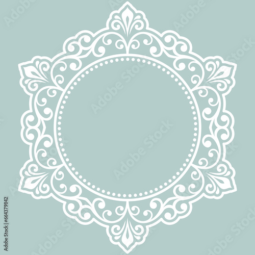 Oriental round frame with arabesques and floral elements. Floral light blue and white border with vintage pattern. Greeting card with place for text