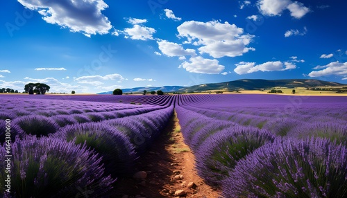 lavender field region. lavender field with sky and the clouds. Lavender field in sunny climate. Gorgeous purple lavender field with trees and landscape. Lavender plant. Purple. Nature 