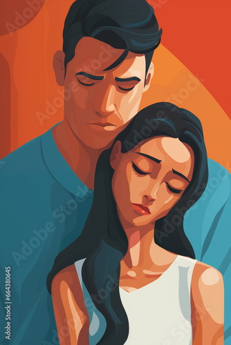 man hugging sad woman from behind, supporting husband, in graphic flat color painting illustration style © Ricky