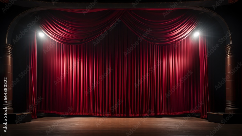Empty scene with a red curtains on left and right and spotlights. Used for concert, show, performance