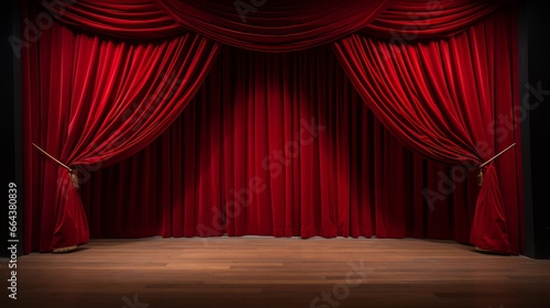 Red stage curtain and wooden floor realistic image. Theater, opera scene drape backdrop, concert grand opening or cinema premiere backstage, portiere for ceremony performance template 3d illustration