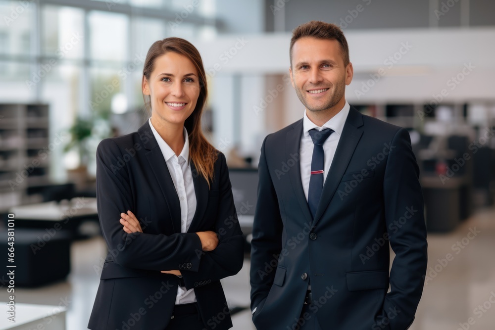 business man and women stand with their arms crossed in office wearing suits smile and happy. business man and women stand with their arms crossed in office wearing suits smile and happy.