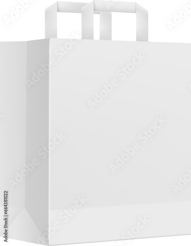 Paper shopping bag with handles vector mockup. Shopping bag, boutique purchase product package or retail white paper packet realistic vector mockup. Store cardboard paperbag 3d design template