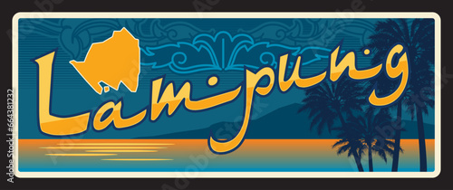 Lampung Indonesian province retro travel plate vintage sticker. Asian journey postcard, Indonesia province travel vector vintage tin sign with seacoast landscape, palm trees and ornament