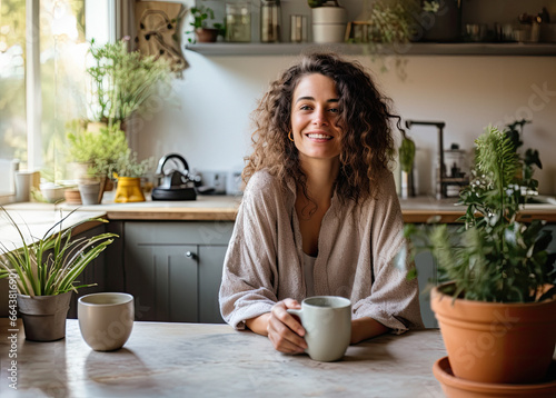 Independent young woman smiling while enjoying a cup of coffee in her kitchen. AI generative.