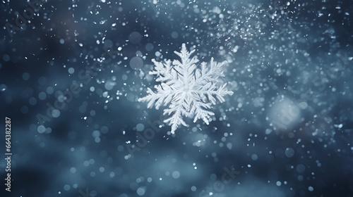 snowflake closeup on white and blue snowy background, winter wallpaper with copy space photo