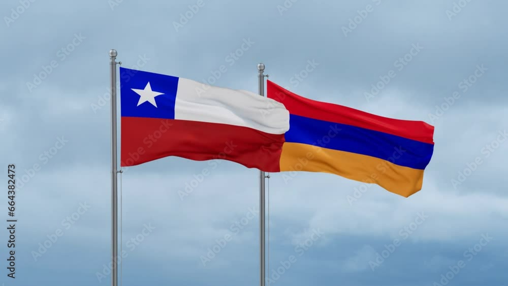 Armenia and Chile flag waving together on cloudy sky, endless seamless loop, two country cooperation concept Armenia and Chile flag waving together on cloudy sky, endless seamless loop, two country cooperation concept