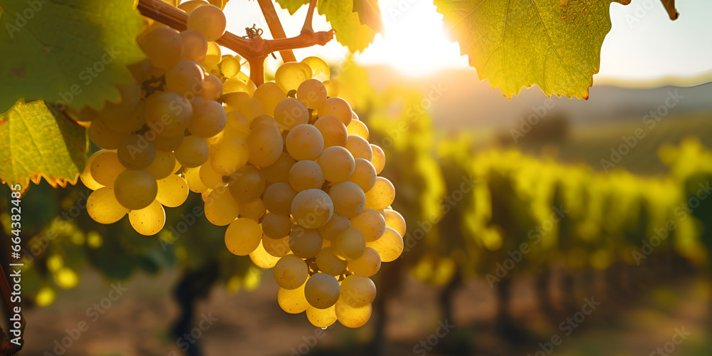 Grappe de raisin blanc avant la récolte avec rayon de soleil dans les vignes, Ripe white grapes on vineyards in autumn harvest at sunset, generative AI
 - obrazy, fototapety, plakaty 