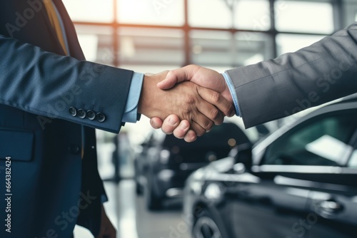 sales managers and customers hand in hand in a successful car showroom © inthasone