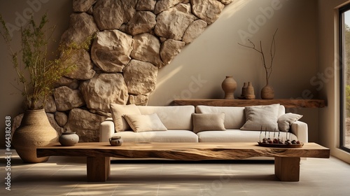 In a rustic home interior design of a modern living room, a beige sofa stands on a tree trunk base against a stucco wall with abstract stone as wall decor