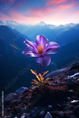 purple flower on top of a snowy mountain peak  magical ingredient at altitude